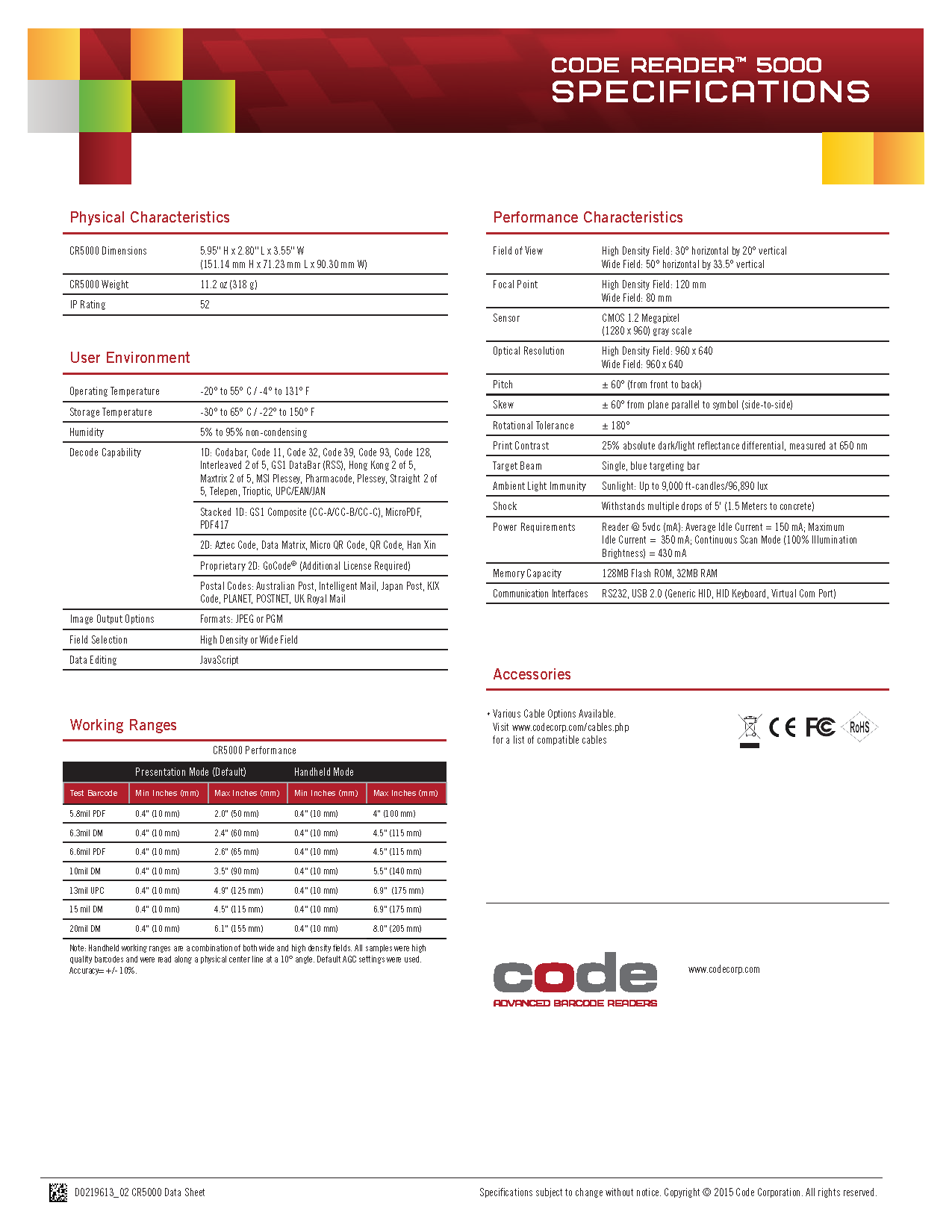 Code CR5000 Desktop Barcode Scanner เครื่องอ่านบาร์โค้ดแบบตั้งโต๊ะ หัวอ่าน 2 มิติ Data Sheet