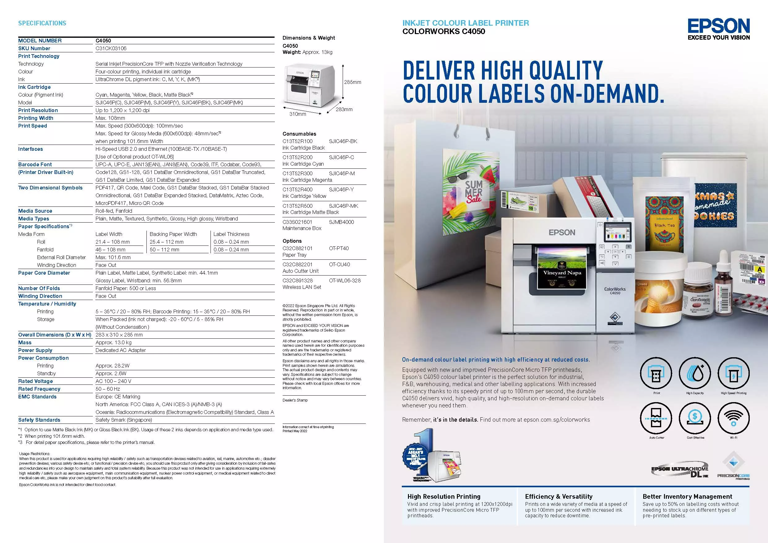 เครื่องปริ้นสติกเกอร์ epson CW-C4050 datasheet